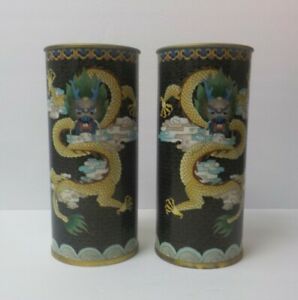 Pair 19th C. Chinese Cloisonne Enamel on Bronze 9.25" Dragon Vases