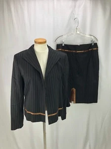 Harve Benard Women's Brown Pinstripe Cotton Blend Skirt Suit 12 14 - Picture 1 of 7
