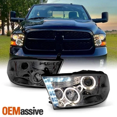 Fits 09-18 Dodge Ram 1500/2500/3500 Smoked Dual Halo LED Projector Headlights - Image 1 of 4
