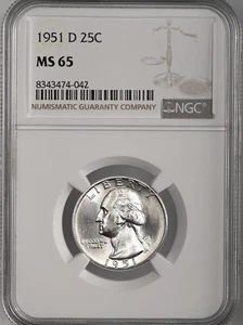 1951-D  25C WASHINGTON SILVER QUARTER  "DENVER MINT"  NGC MS65 #8343474-042 - Picture 1 of 4