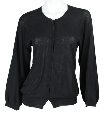 LANVIN Ete 2005 黑色半透明针织缎面纽扣前开衫毛衣 XS — 第 1/4 张图片