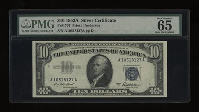 DBR 1953-A $10 Silver Fr. 1707 Gem PMG 65 EPQ Serial A10518127A - Image 1 of 2
