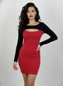NWT Guess Cutout L/S Black & Red Bodycon Mini Dress | Baddie Femme Fatale Y2K M - Picture 1 of 15