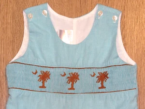 Aunt Polly's Baby Boy Aqua Check Romper~ Smocking Embroidered Palm Tree~ 12M - Picture 1 of 11