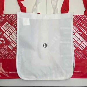 Set of 3 LULULEMON Reusable Large Tote Shopping Bags Text Print Black White Red - Picture 1 of 7