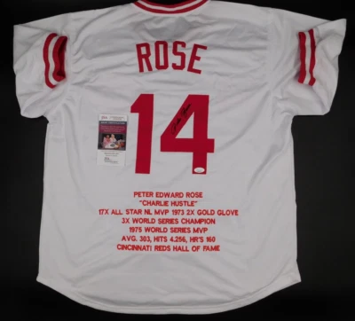 Pete Rose Signed Autographed Stat Jersey Cincinnati Reds Charlie Hustle JSA COA - Image 1 of 4