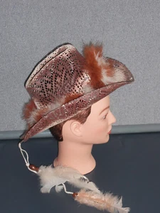 VTG CHILDS WESTERN RODEO BROWN STRAW COWBOY HAT WITH FEATHERS SIZE 6 1/4 - Picture 1 of 10