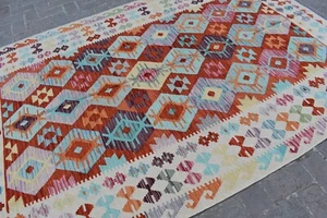 Handwoven Afghan Tribal Area Kilim Rug 7x10 Red White Geometric Traditional Rug - Picture 1 of 12