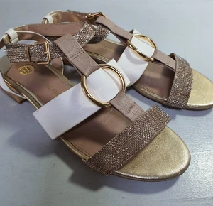 RIVER ISLAND Leather Gladiator Strappy Sandal Gold White Flat Size UK 6 - Picture 1 of 21