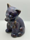Clonmel Potters Cat Kitten Figurine Glazed Blue Purple w Bow 6.5” Jamaica