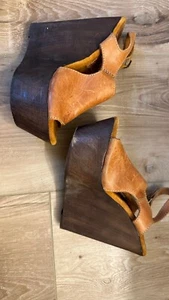 Sbicca Vintage Collection Chunky Platform Sandals Wedge Brown Leather Sz 39/8 - Picture 1 of 4