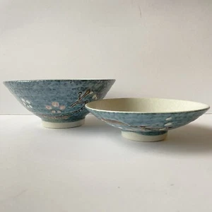 Pair of Textured Glazed Asian Style Blue/White Floral Cherry Blossom Small Bowls - Picture 1 of 11