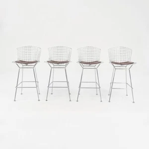 C. 2009 Harry Bertoia for Knoll Chrome Bar Stools w/ Brown Leather Pads 4x Avail - Picture 1 of 12