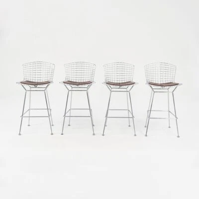 C. 2009 Harry Bertoia for Knoll Chrome Bar Stools w/ Brown Leather Pads 4x Avail - Image 1 of 4