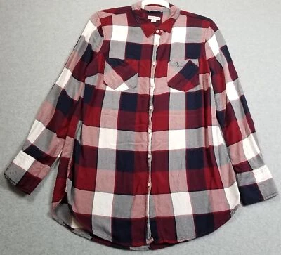 Merona Button Up Tunic Shirt Women’s Large L Red White Blue Check Long Sleeves - Image 1 of 4