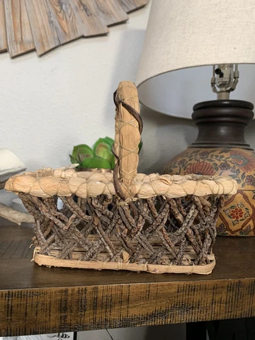 Vintage Twig Stick Primitive Basket with Handle Hand Woven Cover