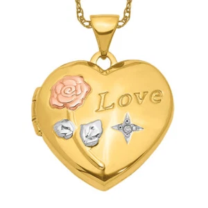14K Solid Two Tone Gold Rose Love Diamond Heart Photo Locket Necklace - Picture 1 of 12