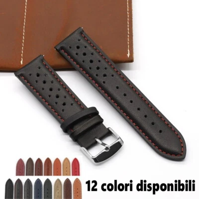 Cinturino orologio pelle traforato nero rosso kaki blu 18mm 19mm 20mm 22mm 24mm - Immagine 1 di 2