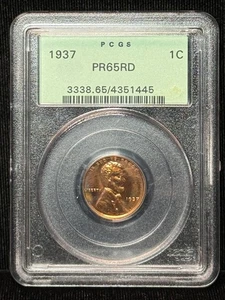 PCGS PR65RD 1937 Small Cents 1C Lincoln Wheat One Cent Coin - 445 - Picture 1 of 2