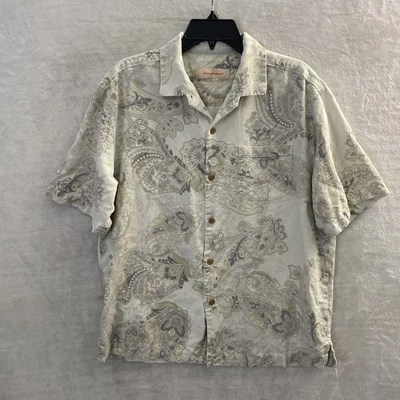 Camisa hawiana Tommy Bahama para hombre beige cachemira grande seda cuello manga corta Foto 1 de 4