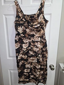 Schwarz/braun Blumen Kleid 12 Raffung Satin Gefühl drapierter Ausschnitt Midi Etui - Bild 1 von 3