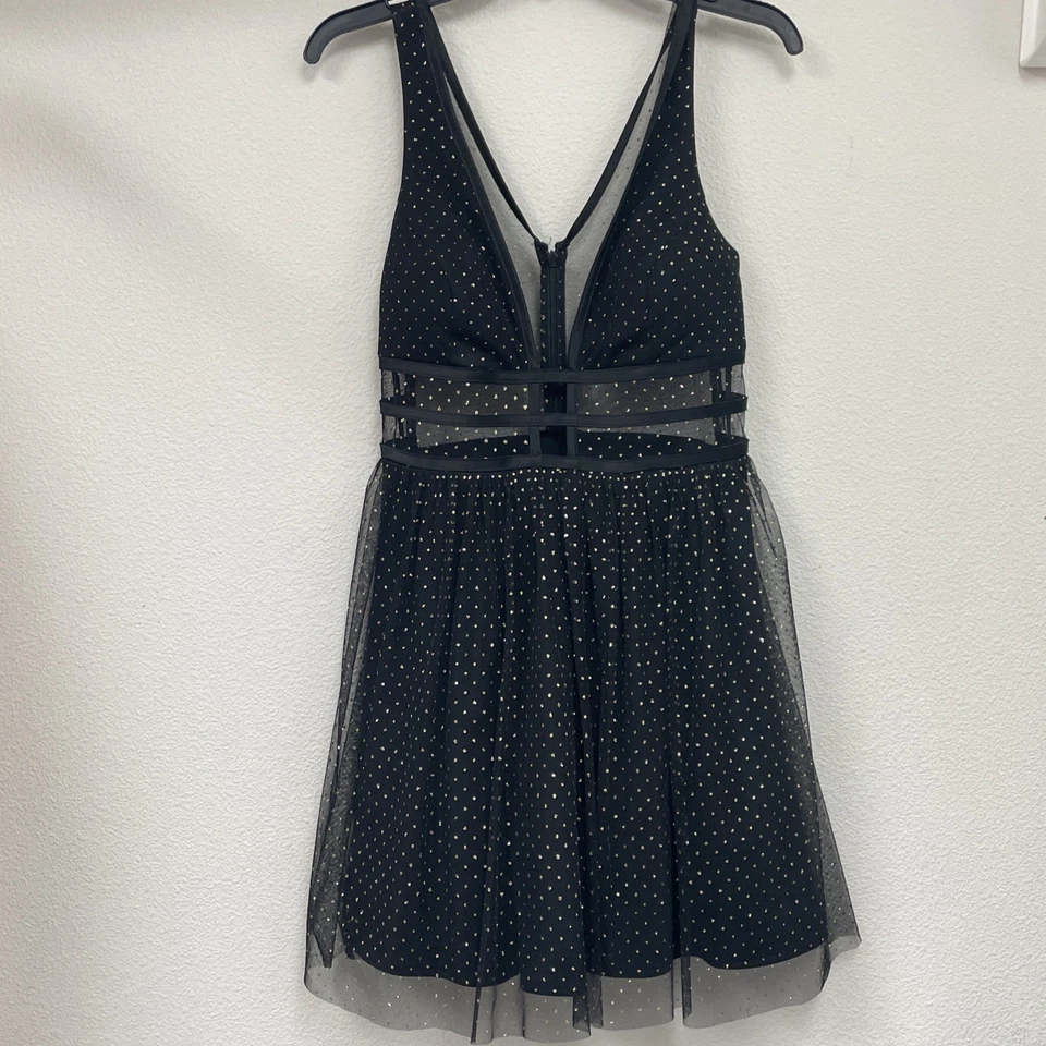 Black Sleeveless Dress with Sheer Mesh Overlay and Gold Polka Dot Design Sz 7 - Image 1 of 4