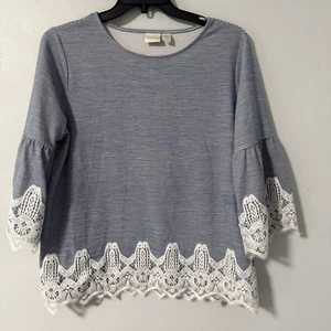 Blusa Top Chico’s Azul y Blanco Rayas Encaje Recortado 3/XL - Imagen 1 de 8