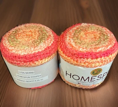(2) Lion Brand HOMESPUN STRIPES Yarn FLAMINGO BEACH #616 Pink Coral Green Beige - Image 1 of 4