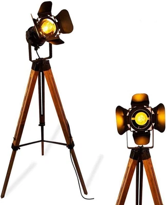 Vintage Black Wood Tripod Floor Lamp for Living Room, Modern Industrial Metal Na - Image 1 of 4