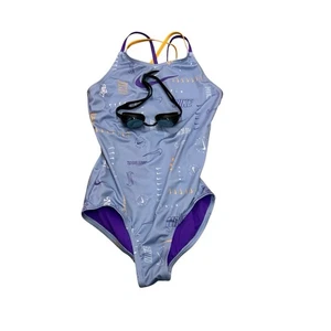 Nike Badeanzug: Mädchen groß blau Spiderback Einteiler Logo & Reifen Brille Set - Bild 1 von 14