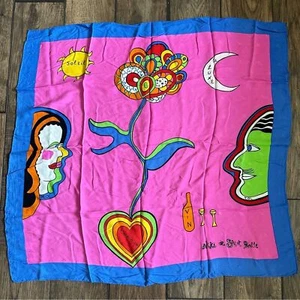 Sciarpa vintage NIKI DE SAINT PHALLE ARTE NAIVE blu rosa seta - Foto 1 di 10