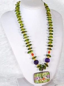 Vintage Chinese Butterfly Porcelain Sterling Silver Jade Peridot Bead Necklace - Picture 1 of 10