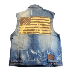 AKOO Men's XXL Denim Vest Distressed American Flag Full Back Jumbo Patch Rare - Picture 1 of 14