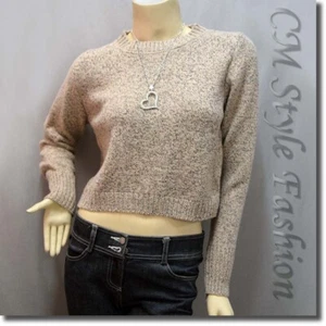 Lace Up Boxy Cropped Sweater Blouse Knit Top Beige S - Picture 1 of 5