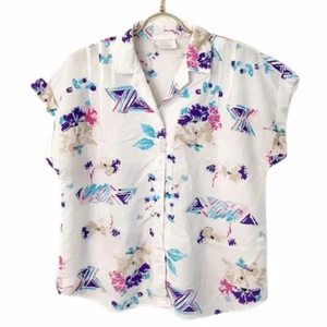 Vintage 80’s/90’s Cap Sleeve Lightweight Blouse Pink Purple Turquoise Floral - Picture 1 of 10