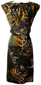 Vintage 70s Pinup Sheath Dress 7 Wiggle Tiger Jungle Camo Rockabilly Union USA - Afbeelding 1 van 14