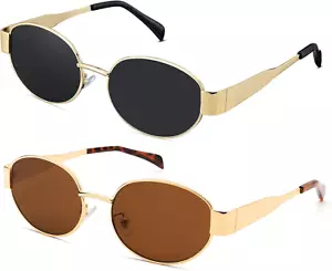 Retro Oval Sunglasses for Women Men - Trendy Gold Sun Glasses - Fashion Metal Fr - Picture 1 of 12