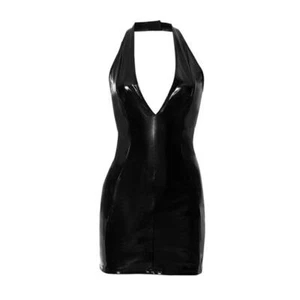 Womens Sexy V Neck PVC Leather Mini Dress Wet Look Bodycon Backless Clubwear - Picture 1 of 13