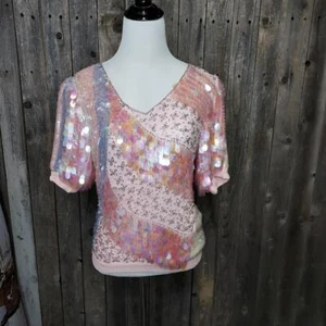 Vintage Small Oleg Cassini Women's Pink Silk Sequin Beaded Sequin Top Blouse - Picture 1 of 4