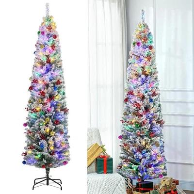 Christmas Tree Decorated Prelit LED Slim Pencil 7ft Snow Flocked Artificial - Image 1 of 4