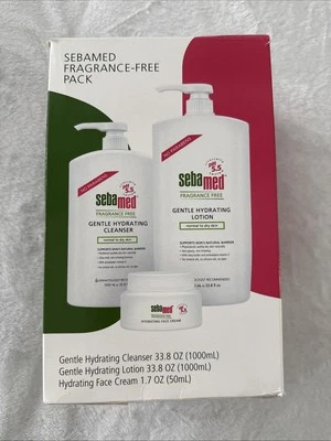 Loción SebaMed 33,8 fl oz, limpiador hidratante 33,8 oz y paquete de crema facial de 1,7 oz. Foto 1 de 2