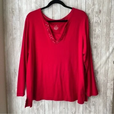 White Stag Tee Woman Cotton V-Neck Long Sleeve Sequins and Beads Red Size 2X - Image 1 of 4