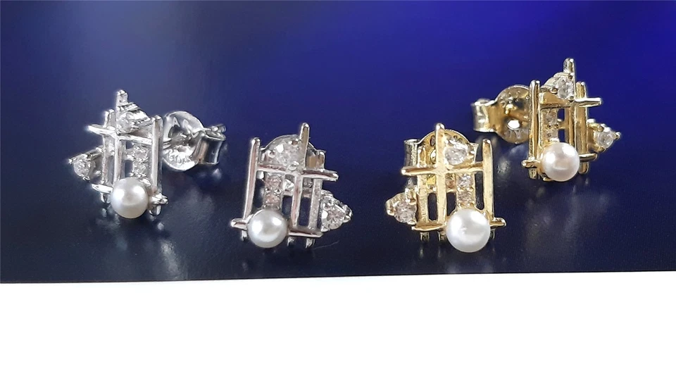 Ohrringe 925 Silber vergoldet Perle Zirkonia Gitter viereckig Damen Frauen - Bild 1 von 1