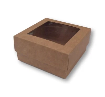 1 BROWN 3 x 3 INCH BOX WITH WINDOW LID, GIFTS, CAKES, BROWNIES, 8CM / 80MM - Image 1 of 3