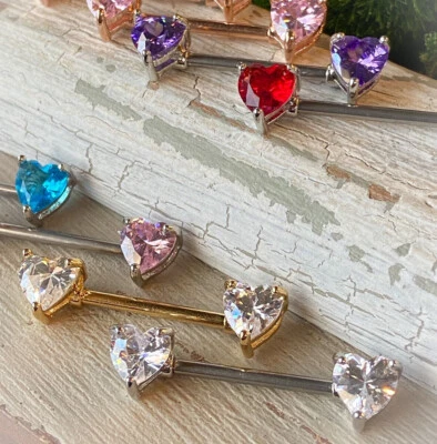 PAIR Double Heart Gem Nipple Rings Shields Barbells 14g Piercing Body Jewelry - Image 1 of 4