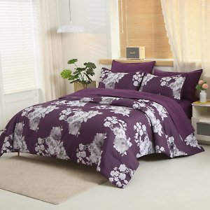 King Size Comforter Set 7 Piece Bed in a Bag,Grey Floral Printed on Purple Botan