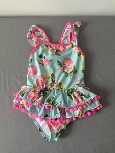 EUC Betsey Johnson Girls Floral Pink Pom Pom One Piece Swimsuit Size 6 Ruffles - Picture 1 of 10