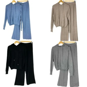 Women's 2 Pc WOOL & CASHMERE Knitted Lightweight Hoodie Co Ord Set Loungewear - Picture 1 of 15