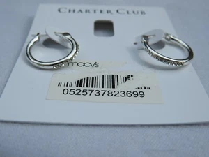 Charter Club Silver Tone Small Crystal Hoop Earrings - New - Picture 1 of 1