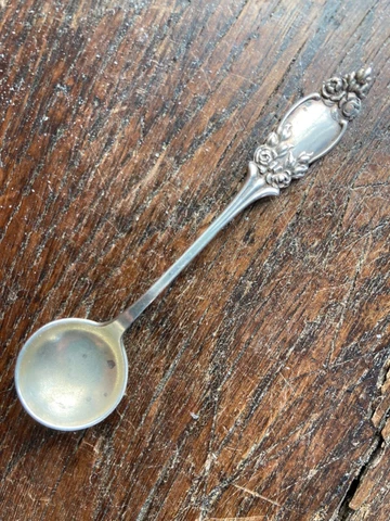 Antique Sterling WENDELL Salt Spoon 1890s Roses FLORAL Cover